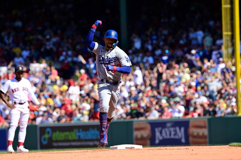 Aug 27, 2023; Boston, Massachusetts, USA; Los Angeles Dodgers second baseman Mookie Betts (50) celebrates his home run against the Boston Red Sox during the sixth inning at Fenway Park. Mandatory Credit: Eric Canha-USA TODAY Sports