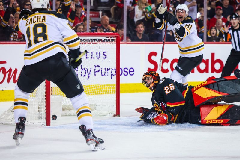 Feb 28, 2023; Calgary, Alberta, CAN; Calgary Flames goaltender Jacob Markstrom (25) reacts as Boston Bruins center Pavel Zacha (18) scores a goal during the third period at Scotiabank Saddledome. Mandatory Credit: Sergei Belski-USA TODAY Sports