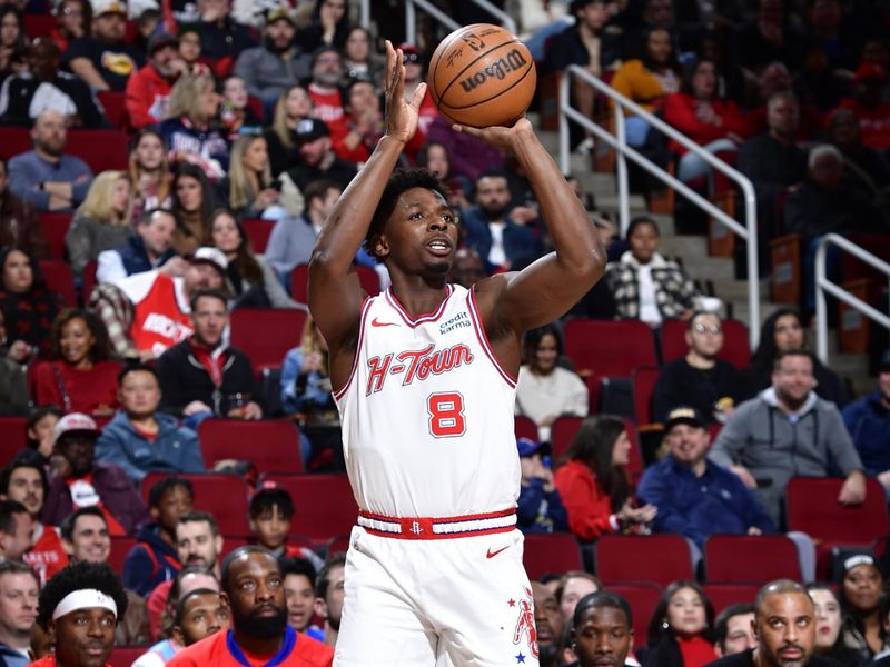 HOUSTON, TX - JANUARY 20: Jae'Sean Tate #8 of the Houston Rockets shoots the ball during the game against the Utah Jazz on January 20, 2024 at the Toyota Center in Houston, Texas. NOTE TO USER: User expressly acknowledges and agrees that, by downloading and or using this photograph, User is consenting to the terms and conditions of the Getty Images License Agreement. Mandatory Copyright Notice: Copyright 2024 NBAE (Photo by Logan Riely/NBAE via Getty Images)