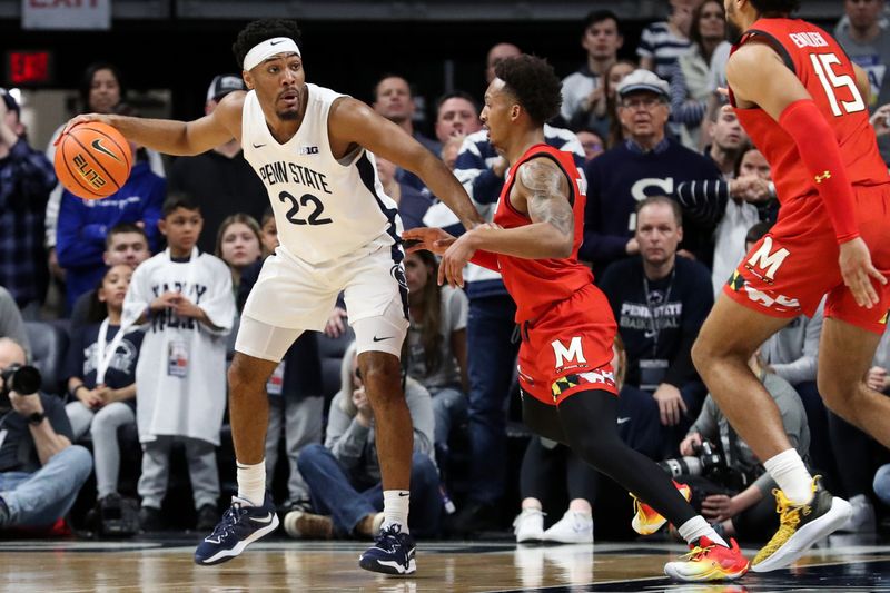 Mar 5, 2023; University Park, Pennsylvania, USA; Penn State Nittany Lions guard Jalen Pickett (22) dribbles the ball during the second half against the Maryland Terrapins at Bryce Jordan Center. Mandatory Credit: Matthew OHaren-USA TODAY Sports