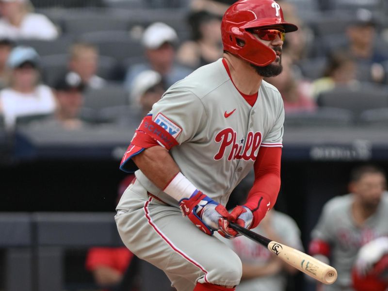 Jul 27, 2025; Bronx, New York, USA; Philadelphia Phillies outfielder Kyle Schwarber (12) at bat during a game against the New York Yankees at Yankee Stadium. Mandatory Credit: John Jones-Imagn Images