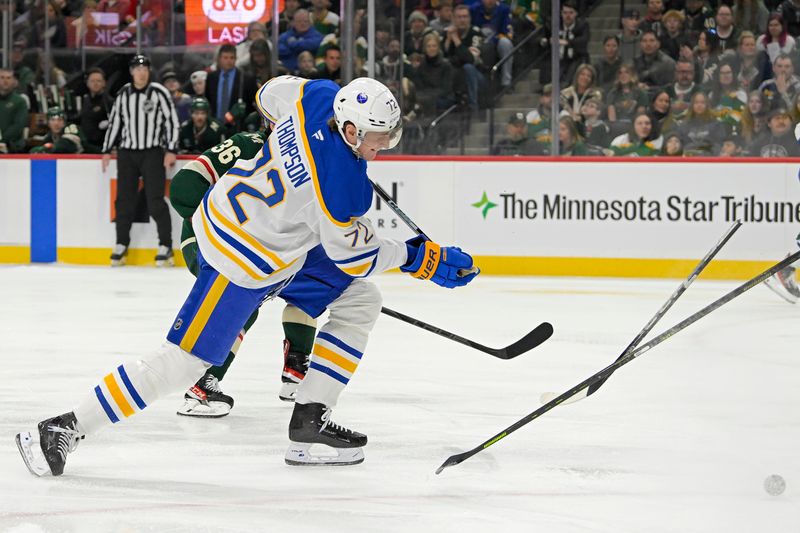 Mar 22, 2025; Saint Paul, Minnesota, USA;  Buffalo Sabres forward Tage Thompson (72) breaks his stick while taking a shot against the Minnesota Wild during the first period at Xcel Energy Center. Mandatory Credit: Nick Wosika-Imagn Images