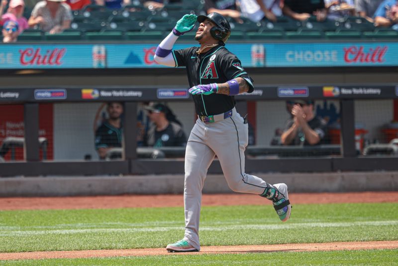 Jun 2, 2024; New York City, New York, USA; Arizona Diamondbacks second baseman Ketel Marte (4) celebrates his solo home run while running the bases during the first inning against the New York Mets at Citi Field. Mandatory Credit: Vincent Carchietta-USA TODAY Sports