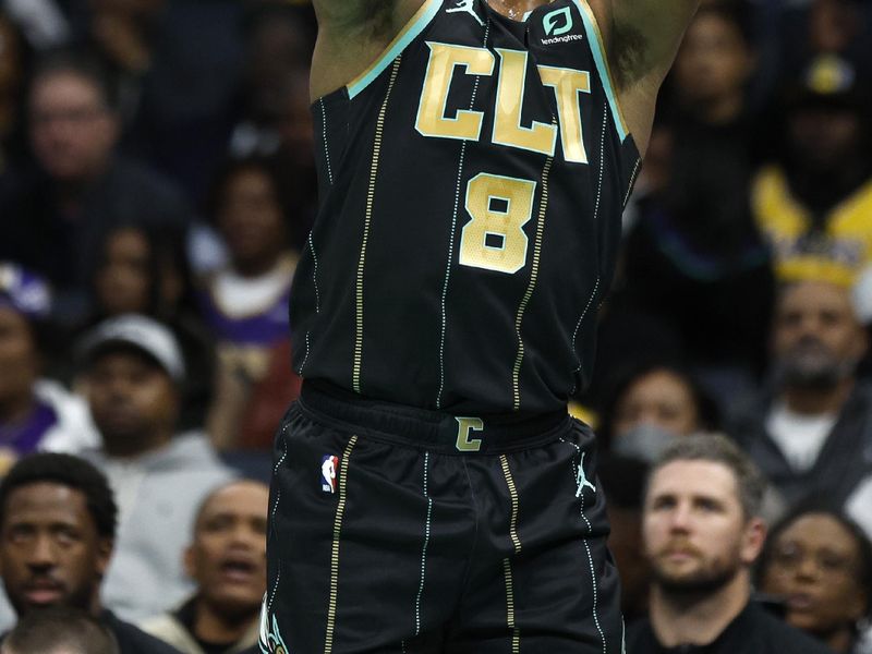 CHARLOTTE, NORTH CAROLINA - JANUARY 02: Dennis Smith Jr. #8 of the Charlotte Hornets attempts a shot during the second quarter of the game against the Los Angeles Lakers at Spectrum Center on January 02, 2023 in Charlotte, North Carolina. NOTE TO USER: User expressly acknowledges and agrees that, by downloading and or using this photograph, User is consenting to the terms and conditions of the Getty Images License Agreement. (Photo by Jared C. Tilton/Getty Images)