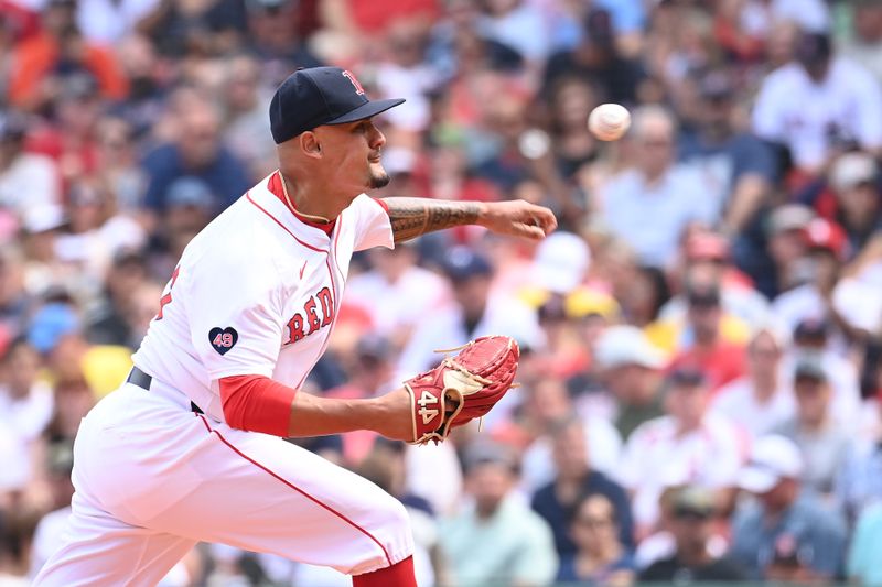 Aug 11, 2024; Boston, Massachusetts, USA; Boston Red Sox pitcher Brennan Bernardino (83) pitches against the Houston Astros during the third inning at Fenway Park. Mandatory Credit: Eric Canha-USA TODAY Sports