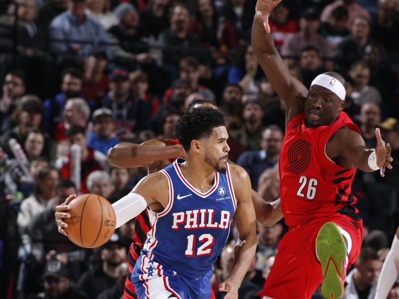 PORTLAND, OR - JANUARY 29: Tobias Harris #12 of the Philadelphia 76ers looks to pass the ball during the game against the Portland Trail Blazers on January 29, 2024 at the Moda Center Arena in Portland, Oregon. NOTE TO USER: User expressly acknowledges and agrees that, by downloading and or using this photograph, user is consenting to the terms and conditions of the Getty Images License Agreement. Mandatory Copyright Notice: Copyright 2024 NBAE (Photo by Cameron Browne/NBAE via Getty Images)