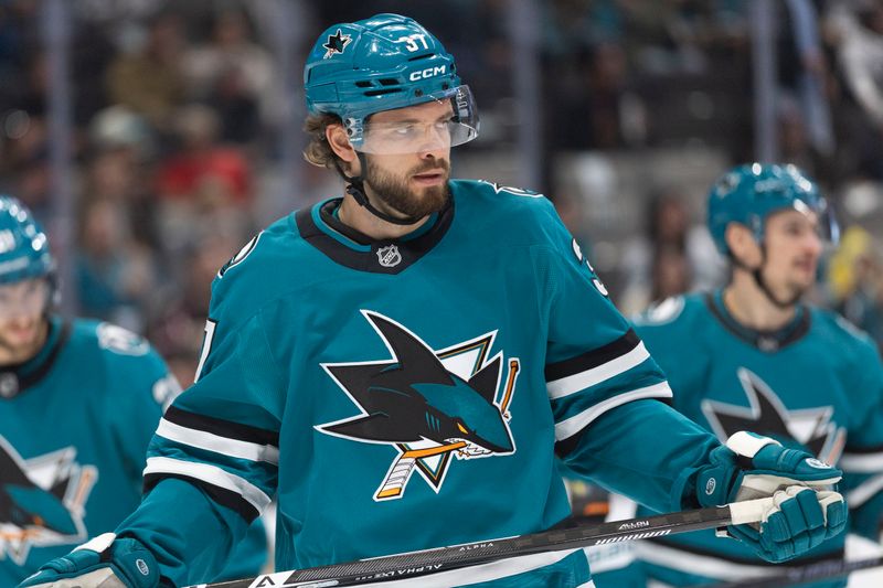 Nov 22, 2025; San Jose, California, USA;  San Jose Sharks defenseman Timothy Liljegren (37) during the first period against the Ottawa Senators at SAP Center at San Jose. Mandatory Credit: Stan Szeto-Imagn Images