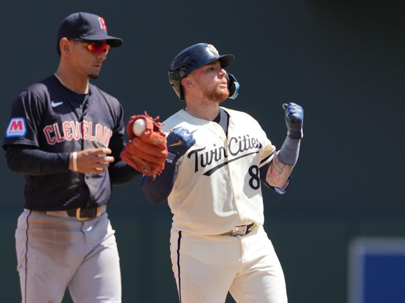 Aug 11, 2024; Minneapolis, Minnesota, USA; Minnesota Twins catcher Christian Vazquez (8) reacts to hitting a double during the fifth inning against the Cleveland Guardians at Target Field. Mandatory Credit: Jordan Johnson-USA TODAY Sports