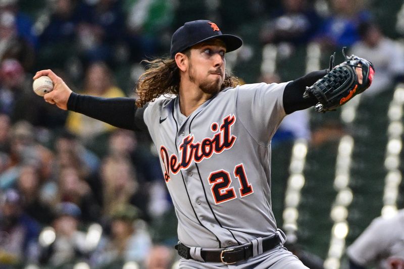 Apr 26, 2023; Milwaukee, Wisconsin, USA; Detroit Tigers pitcher Michael Lorenzen (21) throws a pitch in the first inning during game against the Milwaukee Brewers at American Family Field. Mandatory Credit: Benny Sieu-USA TODAY Sports
