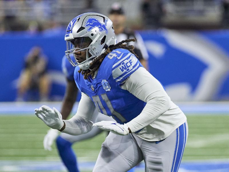 Detroit Lions linebacker James Houston (41) pursues a play on defense against the Jasksonville Jaguars during an NFL pre-season football game, Saturday, Aug. 19, 2023, in Detroit. (AP Photo/Rick Osentoski)