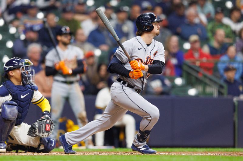 Apr 24, 2023; Milwaukee, Wisconsin, USA;  Detroit Tigers second baseman Zach McKinstry (39) singles during the seventh inning against the Milwaukee Brewers at American Family Field. Mandatory Credit: Jeff Hanisch-USA TODAY Sports