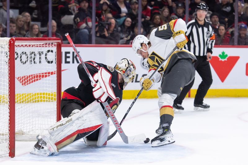 Feb 22, 2024; Ottawa, Ontario, CAN; Ottawa Senators goalie Anton Forsberg (31) makes a save on a shot from Vegas Golden Knights right wing Sheldon Rempal (56) in the second period at the Canadian Tire Centre. Mandatory Credit: Marc DesRosiers-USA TODAY Sports