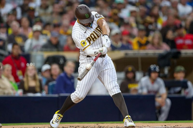 May 20, 2023; San Diego, California, USA; San Diego Padres shortstop Xander Bogaerts (2) fouls off a ball during an at bat in the first inning against the Boston Red Sox at Petco Park. Mandatory Credit: David Frerker-USA TODAY Sports