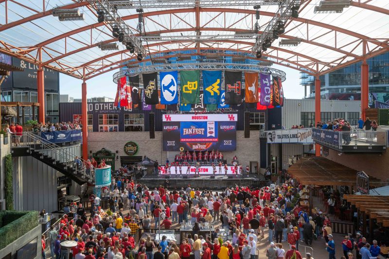 Mar 15, 2024; Kansas City, MO, USA; Big 12 fan Houston Cougars pep rally outside the T-Mobile Center. Mandatory Credit: William Purnell-USA TODAY Sports