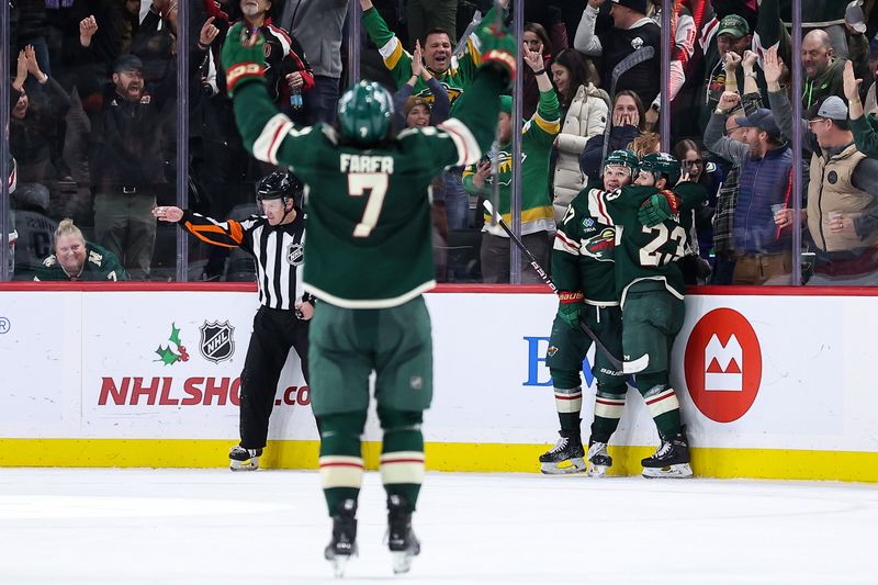 Dec 3, 2024; Saint Paul, Minnesota, USA; Minnesota Wild left wing Kirill Kaprizov (97) celebrates his game winning overtime goal against the Vancouver Canucks at Xcel Energy Center. Mandatory Credit: Matt Krohn-Imagn Images