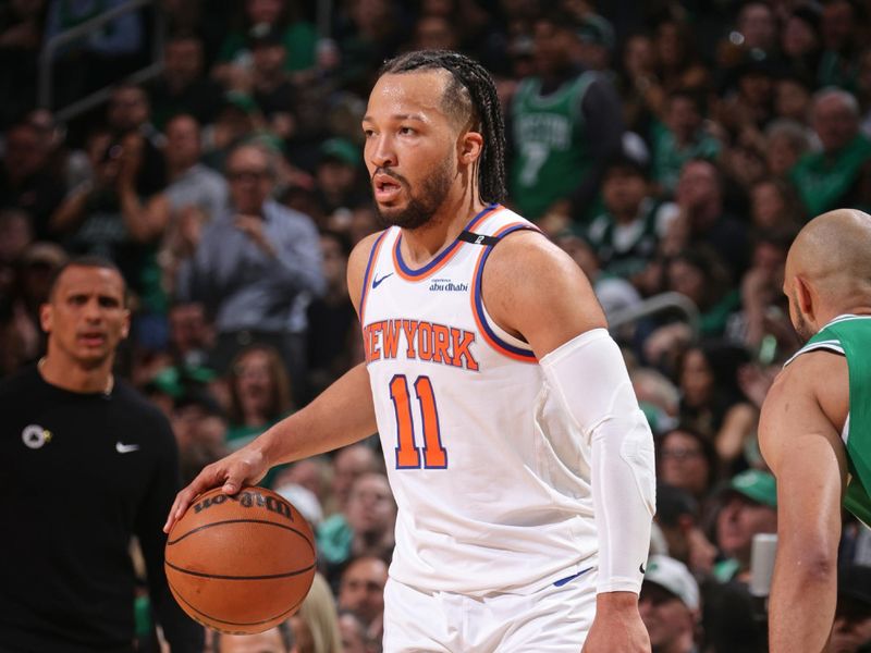BOSTON, MA - May 7:    Jalen Brunson #11 of the New York Knicks dribbles the ball during the game against the Boston Celtics during Round 2 Game 2 of the 2025 NBA Playoffs  on May 7, 2025 at TD Garden in Boston, Massachusetts. NOTE TO USER: User expressly acknowledges and agrees that, by downloading and/or using this Photograph, user is consenting to the terms and conditions of the Getty Images License Agreement. Mandatory Copyright Notice: Copyright 2025 NBAE (Photo by Nathaniel S. Butler/NBAE via Getty Images)