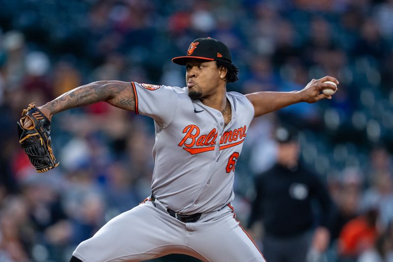 Jun 4, 2025; Seattle, Washington, USA;  Balitimore Orioles reliever Gregory Soto (65) delivers a pitch during the eighth inning against the Seattle Mariners at T-Mobile Park. Mandatory Credit: Stephen Brashear-Imagn Images