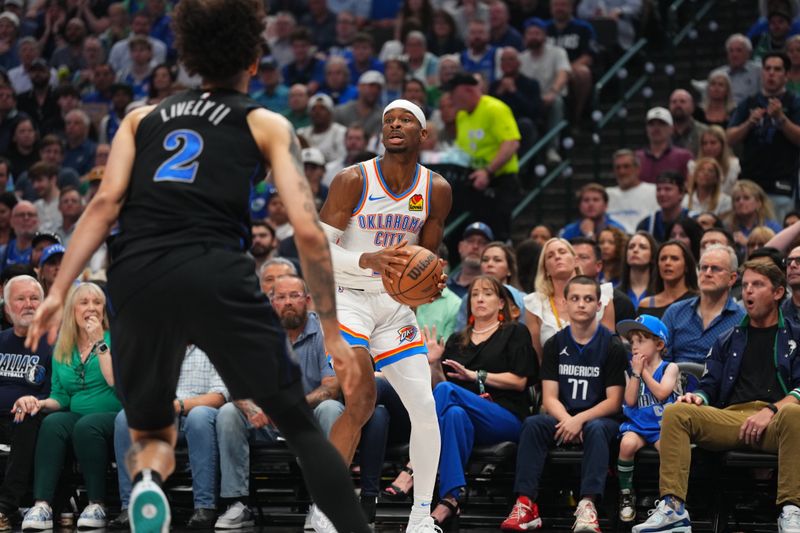DALLAS, TX - MAY 18: Shai Gilgeous-Alexander #2 of the Oklahoma City Thunder handles the ball during the game against the Dallas Mavericks during Round 2 Game 6 of the 2024 NBA Playoffs on May 18, 2024 at the American Airlines Center in Dallas, Texas. NOTE TO USER: User expressly acknowledges and agrees that, by downloading and or using this photograph, User is consenting to the terms and conditions of the Getty Images License Agreement. Mandatory Copyright Notice: Copyright 2024 NBAE (Photo by Cooper Neill/NBAE via Getty Images)