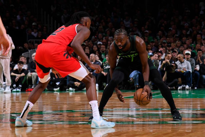 BOSTON, MA - NOVEMBER 16: Jaylen Brown #7 of the Boston Celtics dribbles the ball during the game against the Toronto Raptors on November 16, 2024 at TD Garden in Boston, Massachusetts. NOTE TO USER: User expressly acknowledges and agrees that, by downloading and/or using this Photograph, user is consenting to the terms and conditions of the Getty Images License Agreement. Mandatory Copyright Notice: Copyright 2024 NBAE (Photo by Brian Babineau/NBAE via Getty Images)