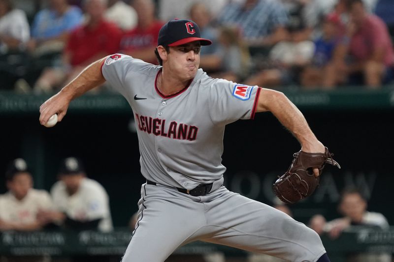 Aug 22, 2025; Arlington, Texas, USA; Cleveland Guardians relief pitcher Matt Festa (52) throws to the plate during the seventh inning against the Texas Rangers at Globe Life Field. Mandatory Credit: Raymond Carlin III-Imagn Images