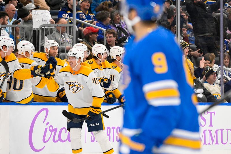Dec 15, 2025; St. Louis, Missouri, USA; Nashville Predators left wing Reid Schaefer (49) is congratulated by teammates after scoring against the St. Louis Blues during the second period at Enterprise Center. Mandatory Credit: Jeff Curry-Imagn Images