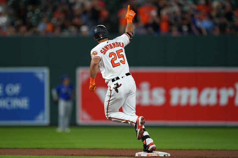 Aug 24, 2023; Baltimore, Maryland, USA; Baltimore Orioles outfielder Anthony Santander (25) rounds the bases following his two run home run in the fourth inning against the Toronto Blue Jays at Oriole Park at Camden Yards. Mandatory Credit: Mitch Stringer-USA TODAY Sports