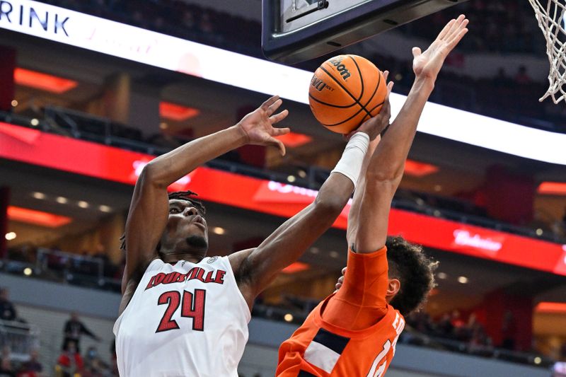 Jan 3, 2023; Louisville, Kentucky, USA; Louisville Cardinals forward Jae'Lyn Withers (24) shoots against Syracuse Orange center Jesse Edwards (14) during the second half at KFC Yum! Center. Syracuse defeated Louisville 70-69. Mandatory Credit: Jamie Rhodes-USA TODAY Sports