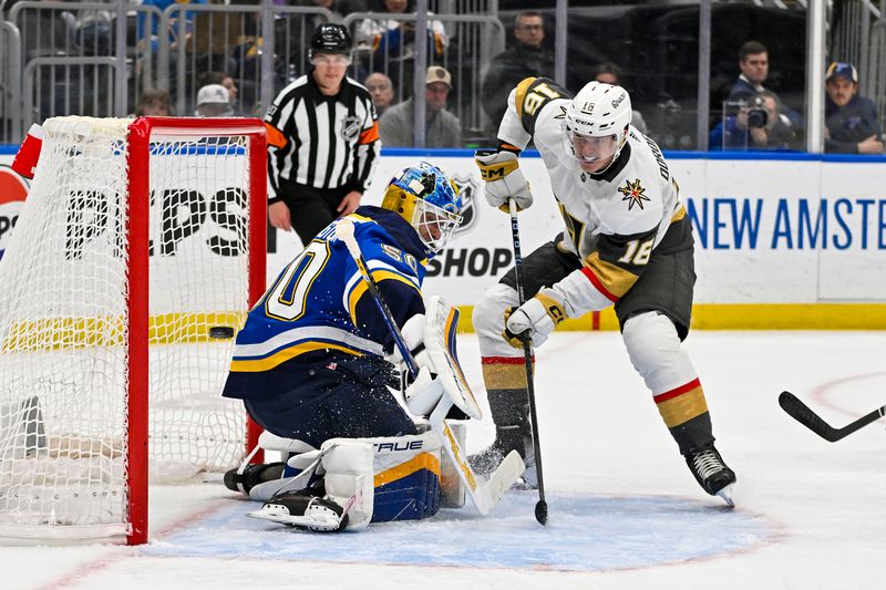 Mar 25, 2024; St. Louis, Missouri, USA;  Vegas Golden Knights left wing Pavel Dorofeyev (16) shoots and scores against St. Louis Blues goaltender Jordan Binnington (50) during the first period at Enterprise Center. Mandatory Credit: Jeff Curry-USA TODAY Sports