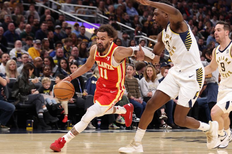 INDIANAPOLIS, IN - FEBRUARY 1: Trae Young #11 of the Atlanta Hawks drives to the basket during the game against the Indiana Pacers on February 1, 2025 at Gainbridge Fieldhouse in Indianapolis, Indiana. NOTE TO USER: User expressly acknowledges and agrees that, by downloading and or using this Photograph, user is consenting to the terms and conditions of the Getty Images License Agreement. Mandatory Copyright Notice: Copyright 2025 NBAE (Photo by Pepper Robinson/NBAE via Getty Images)