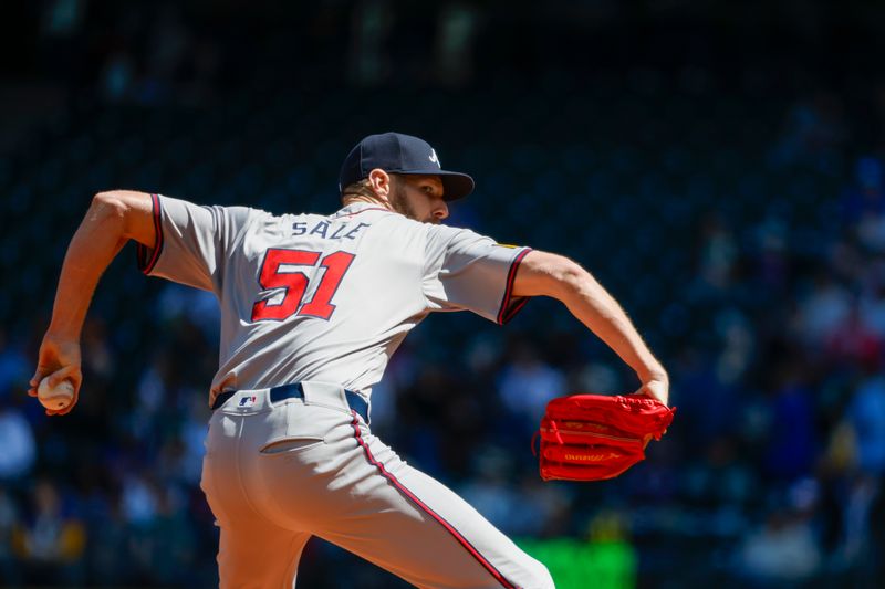 May 1, 2024; Seattle, Washington, USA; Atlanta Braves starting pitcher Chris Sale (51) throws against the Seattle Mariners during the second inning at T-Mobile Park. Mandatory Credit: Joe Nicholson-USA TODAY Sports