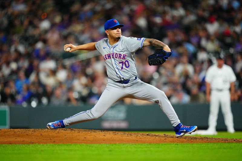 Aug 7, 2024; Denver, Colorado, USA; New York Mets relief pitcher Jose Butto (70) delivers a pitch in the seventh inning against the Colorado Rockies at Coors Field. Mandatory Credit: Ron Chenoy-USA TODAY Sports