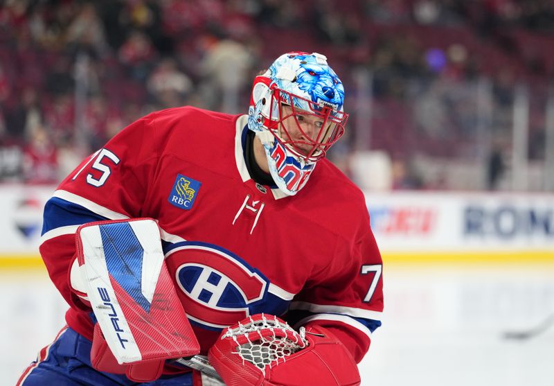 Dec 14, 2025; Montreal, Quebec, CAN; Montreal Canadiens goalie Jakub Dobes (75) skates during the warmup before the game against the Edmonton Oilers at the Bell Centre. Mandatory Credit: Eric Bolte-Imagn Images