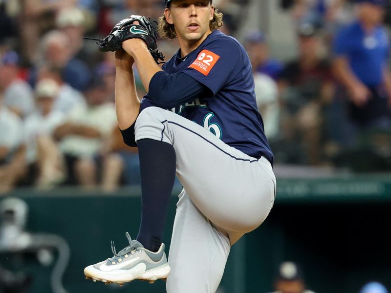 Jun 27, 2025; Arlington, Texas, USA;  Seattle Mariners starting pitcher Logan Gilbert (36) throws during the first inning against the Texas Rangers at Globe Life Field. Mandatory Credit: Kevin Jairaj-Imagn Images