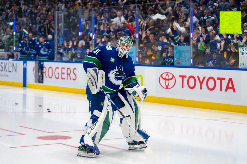 Apr 30, 2024; Vancouver, British Columbia, CAN; Vancouver Canucks goalie Arturs Silvos (31) skates in warm up prior to game five of the first round of the 2024 Stanley Cup Playoffs against the Nashville Predators at Rogers Arena. Mandatory Credit: Bob Frid-USA TODAY Sports
