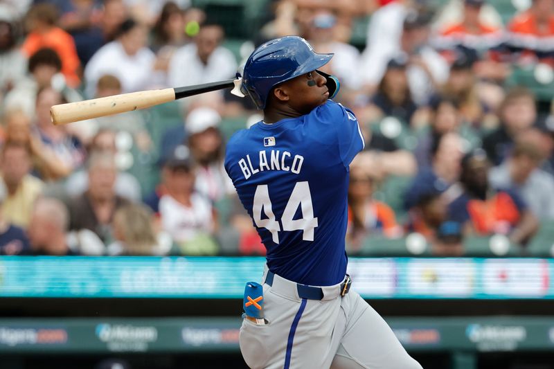 Apr 28, 2024; Detroit, Michigan, USA;  Kansas City Royals outfielder Dairon Blanco (44) hits a single in the seventh inning against the Detroit Tigers at Comerica Park. Mandatory Credit: Rick Osentoski-USA TODAY Sports