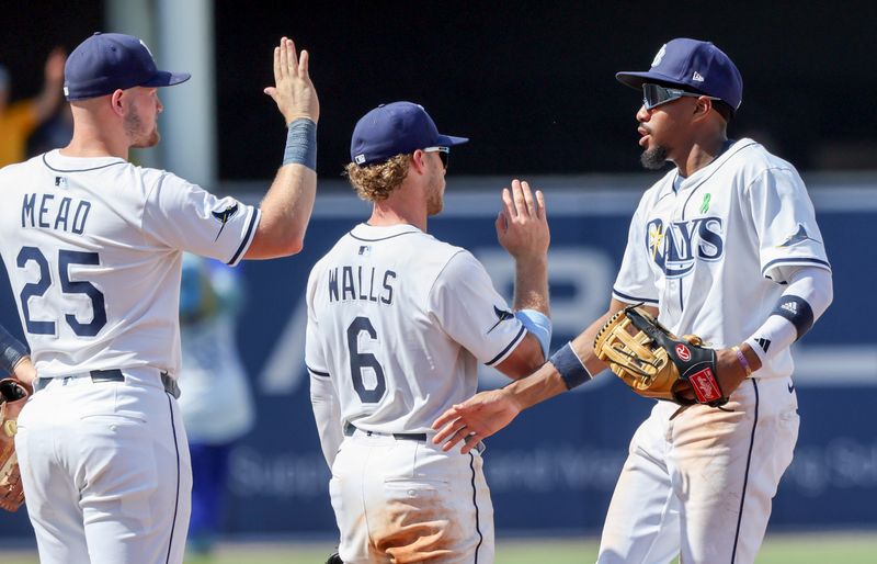 May 25, 2025; St. Petersburg, Florida, USA; Tampa Bay Rays outfielder Chandler Simpson (14), shortstop Taylor Walls (6) and infielder Curtis Mead (25) high five after they beat the Toronto Blue Jays at George M. Steinbrenner Field. Mandatory Credit: Kim Klement Neitzel-Imagn Images
