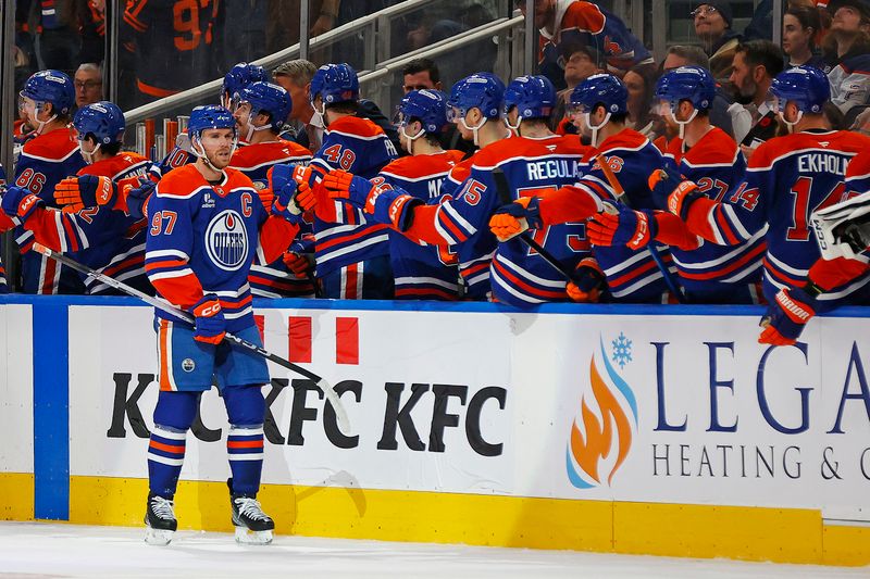 Nov 8, 2025; Edmonton, Alberta, CAN; The Edmonton Oilers celebrate a goal scored by forward Connor McDavid (97) during the second period against the Colorado Avalanche at Rogers Place. Mandatory Credit: Perry Nelson-Imagn Images
