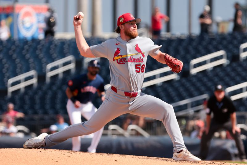 Feb 22, 2026; West Palm Beach, Florida, USA; St. Louis Cardinals relief pitcher Chris Roycroft (58) delivers a pitch against the Houston Astros during the third inning at CACTI Park of the Palm Beaches. Mandatory Credit: Sam Navarro-Imagn Images