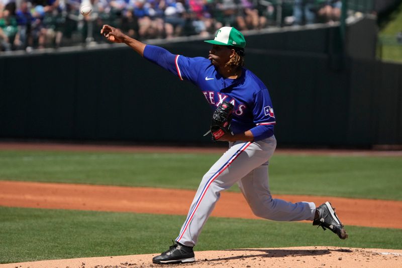 Mar 17, 2024; Mesa, Arizona, USA; Texas Rangers pitcher Jose Urena (54) throws against the Chicago Cubs in the first inning at Sloan Park. Mandatory Credit: Rick Scuteri-USA TODAY Sports