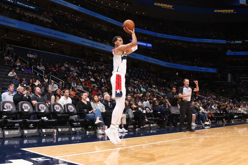 WASHINGTON, DC -? OCTOBER 18: Patrick Baldwin Jr. #7 of the Washington Wizards shoots a three point basket during the game against the New York Knicks on October 18, 2024 at Capital One Arena in Washington, DC. NOTE TO USER: User expressly acknowledges and agrees that, by downloading and or using this Photograph, user is consenting to the terms and conditions of the Getty Images License Agreement. Mandatory Copyright Notice: Copyright 2024 NBAE (Photo by Kenny Giarla/NBAE via Getty Images)
