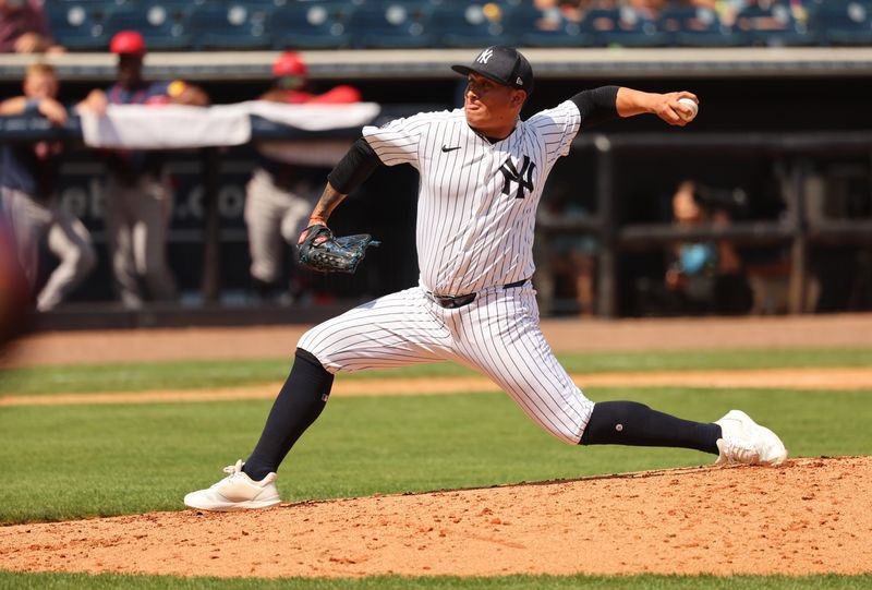 Mar 10, 2024; Tampa, Florida, USA; New York Yankees relief pitcher Victor Gonzalez (47) throws a pitch during the fourth inning against the Atlanta Braves prior to the game against the Atlanta Braves at George M. Steinbrenner Field. Mandatory Credit: Kim Klement Neitzel-USA TODAY Sports