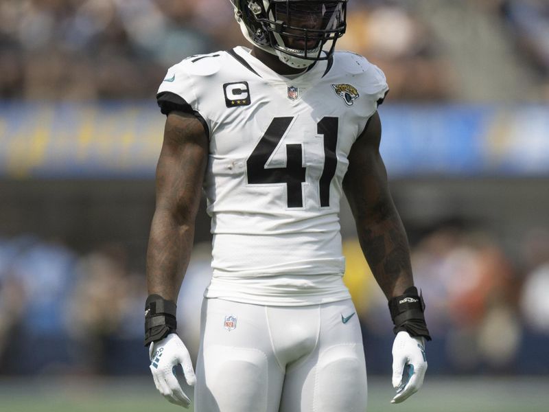 Jacksonville Jaguars linebacker Josh Allen (41) looks on during an NFL football game against the Los Angeles Chargers Sunday, Sept. 25, 2022, in Inglewood, Calif. (AP Photo/Kyusung Gong)