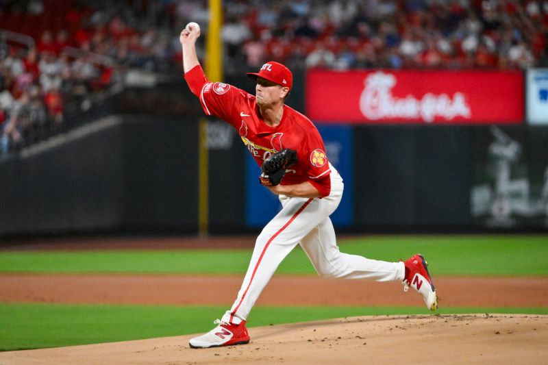 Sep 20, 2024; St. Louis, Missouri, USA; St. Louis Cardinals starting pitcher Kyle Gibson (44) pitches against the Cleveland Guardians during the first inning at Busch Stadium. Mandatory Credit: Jeff Curry-Imagn Images
