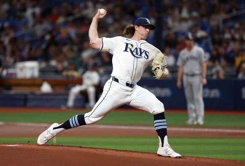 Jul 9, 2024; St. Petersburg, Florida, USA;  Tampa Bay Rays pitcher Ryan Pepiot (44) throws a pitch against the New York Yankees during the first inning at Tropicana Field. Mandatory Credit: Kim Klement Neitzel-USA TODAY Sports