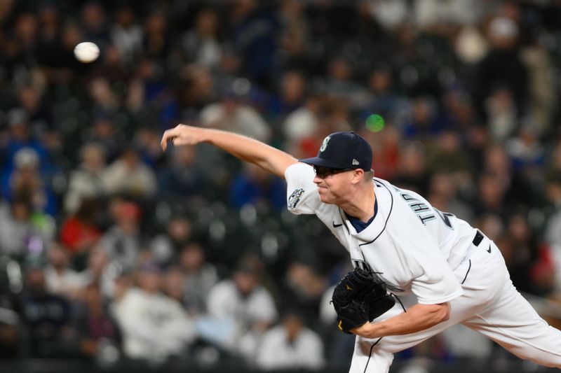 Sep 11, 2023; Seattle, Washington, USA; Seattle Mariners relief pitcher Trent Thornton (46) pitches to the Los Angeles Angels during the eleventh inning at T-Mobile Park. Mandatory Credit: Steven Bisig-USA TODAY Sports