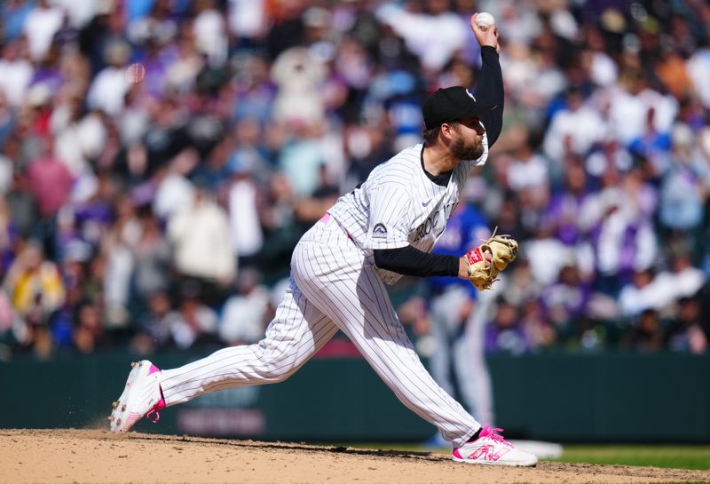 May 12, 2024; Denver, Colorado, USA; Colorado Rockies relief pitcher Jalen Beeks (68) delivers a pitch in the ninth inning against the Texas Rangers at Coors Field. Mandatory Credit: Ron Chenoy-USA TODAY Sports