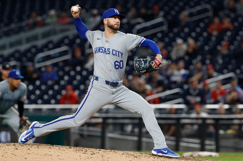 Sep 24, 2024; Washington, District of Columbia, USA; Kansas City Royals closing pitcher Lucas Erceg (60) pitches against the Washington Nationals during the tenth inning at Nationals Park. Mandatory Credit: Geoff Burke-Imagn Images