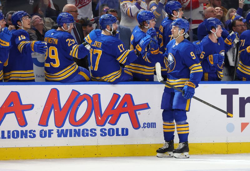 Mar 27, 2026; Buffalo, New York, USA;  Buffalo Sabres center Josh Norris (9) celebrates his goal with teammates during the third period against the Detroit Red Wings at KeyBank Center. Mandatory Credit: Timothy T. Ludwig-Imagn Images