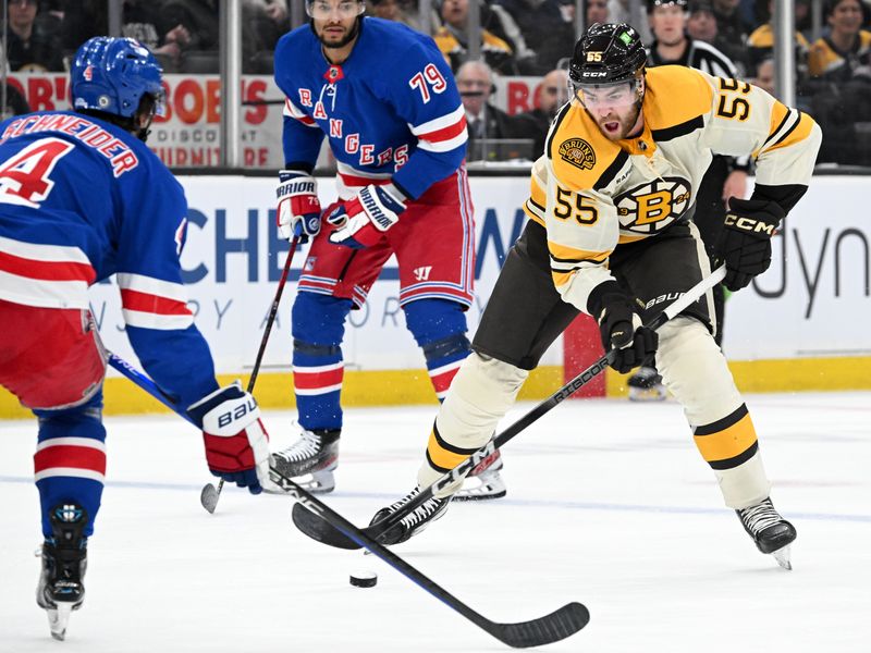 Mar 21, 2024; Boston, Massachusetts, USA; Boston Bruins right wing Justin Brazeau (55) skates against New York Rangers defenseman Braden Schneider (4) during the first period at the TD Garden. Mandatory Credit: Brian Fluharty-USA TODAY Sports