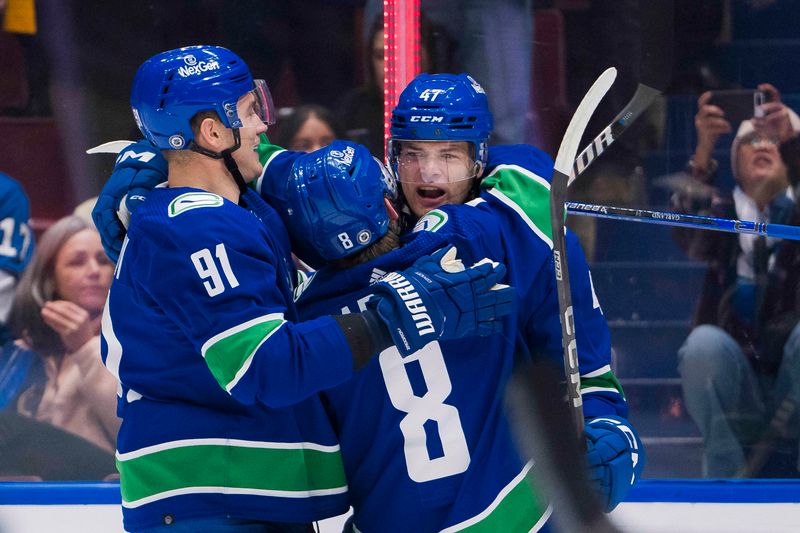 Feb 17, 2024; Vancouver, British Columbia, CAN; Vancouver Canucks defenseman Nikita Zadorov (91) and  forward Conor Garland (8) and defenseman Noah Juulsen (47) celebrate Juulsen   s goal against the Winnipeg Jets in the second period at Rogers Arena. Mandatory Credit: Bob Frid-USA TODAY Sports